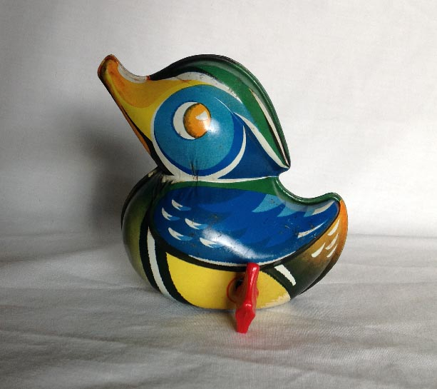 circa 1950's West Germany made tin plate clock work wind up duck toy by Lehmann